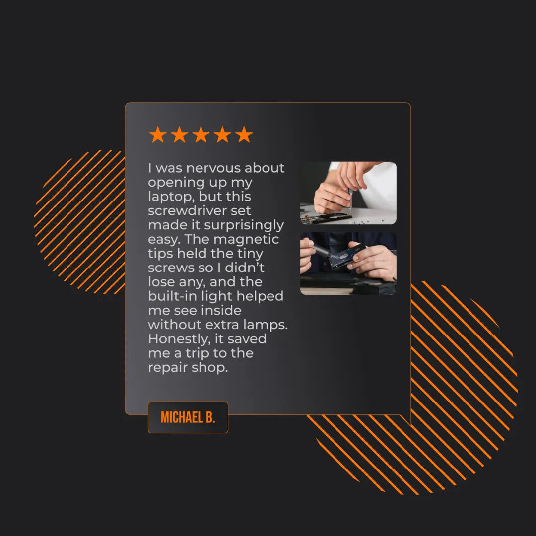 Customer review for Almighty BitMaster 138 in 1 screwdriver set with hands using tool on laptop