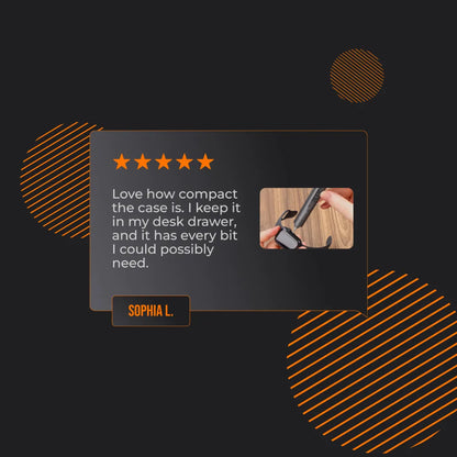 5-star review for compact BitMaster tool kit with hands opening case, orange accents, black background