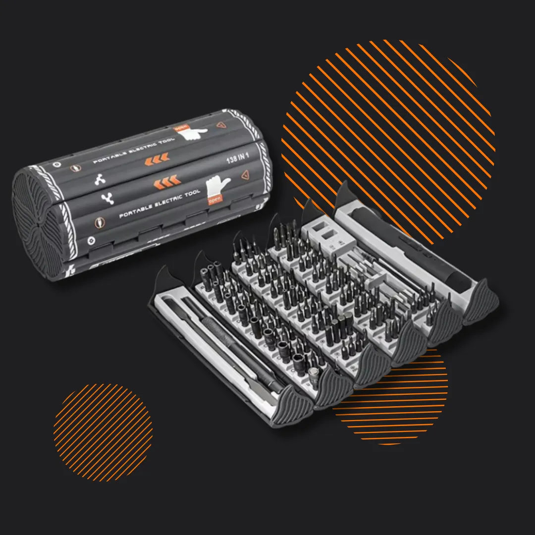 138-in-1 portable electric screwdriver tool set with multiple precision bits on black background
