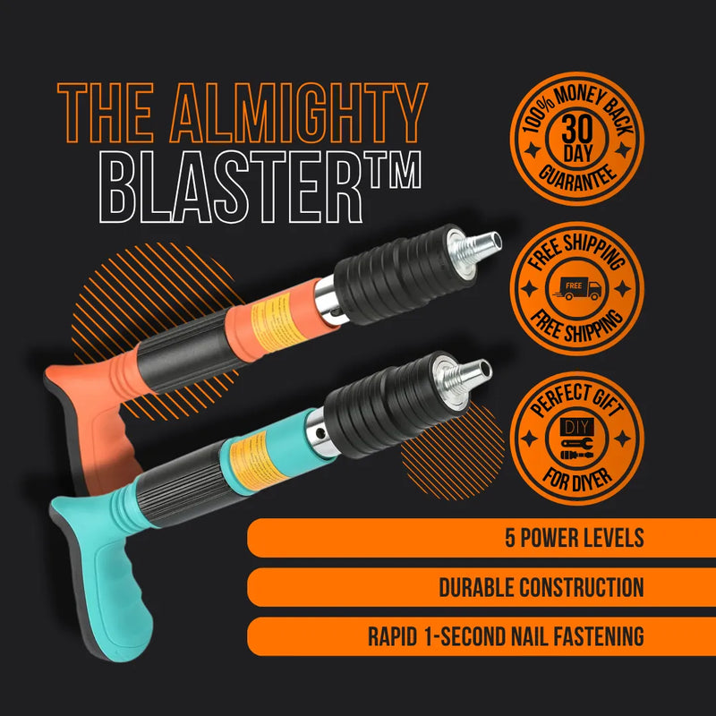 The Almighty Blaster nail gun tool with orange and teal handles, DIY features, and guarantees.