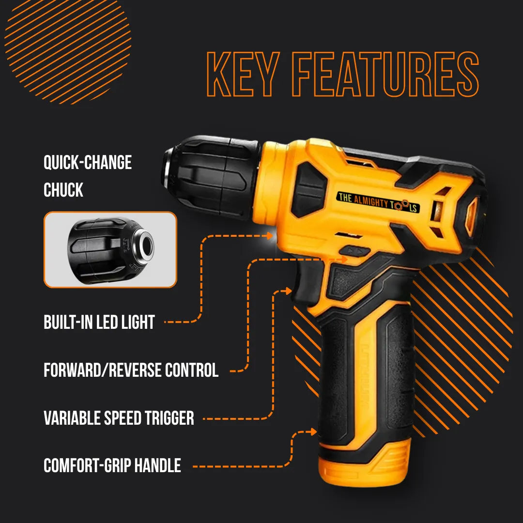 Cordless yellow and black power drill with quick-change chuck, LED light, and ergonomic handle