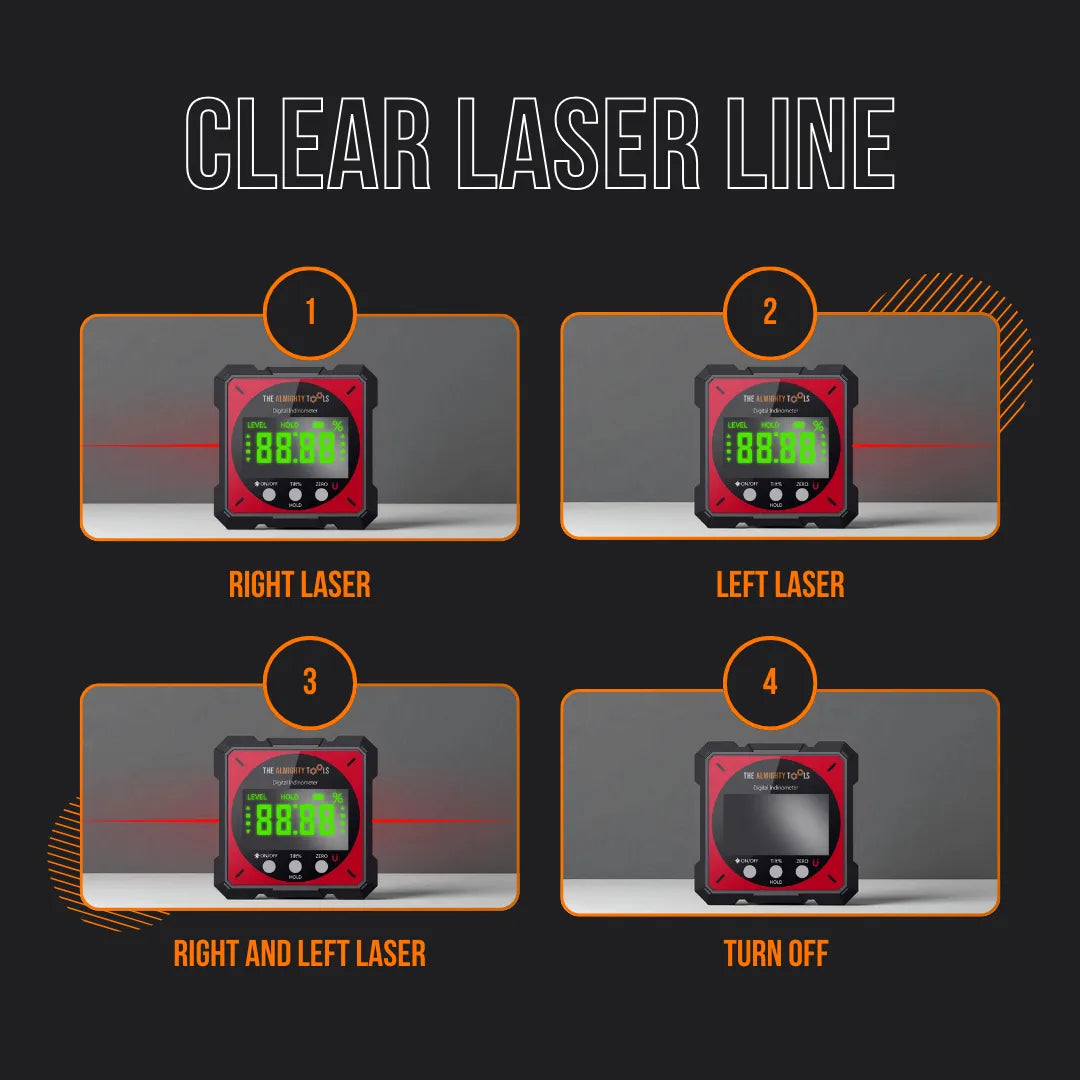 Rechargeable digital level with laser line settings: right, left, both, and off, on gray background.