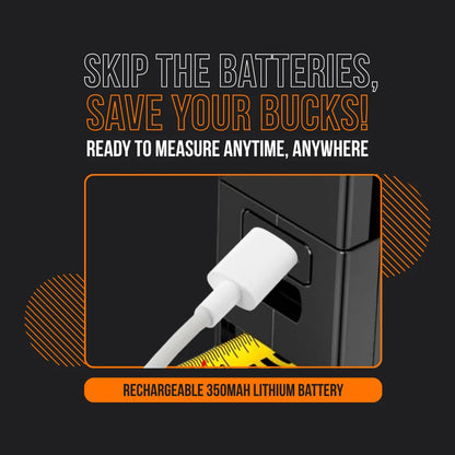 Rechargeable tape measure with USB charging, 350mAh lithium battery, no batteries needed.