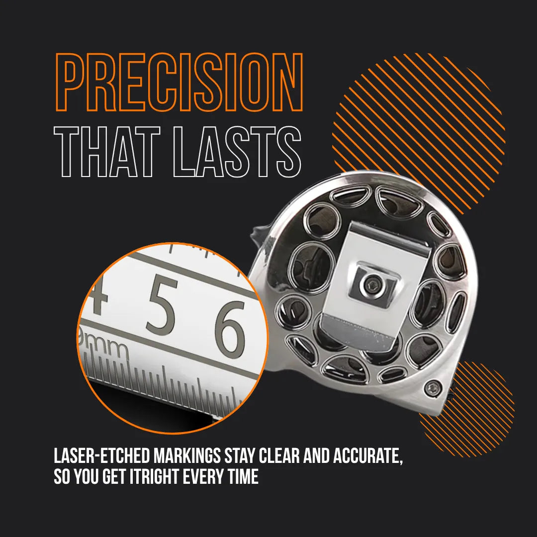 Iron tape measure with metal casing and clear laser-etched markings for precise measuring.