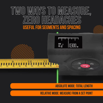 Digital laser tape measure with LCD display and buttons, showing two measurement modes.