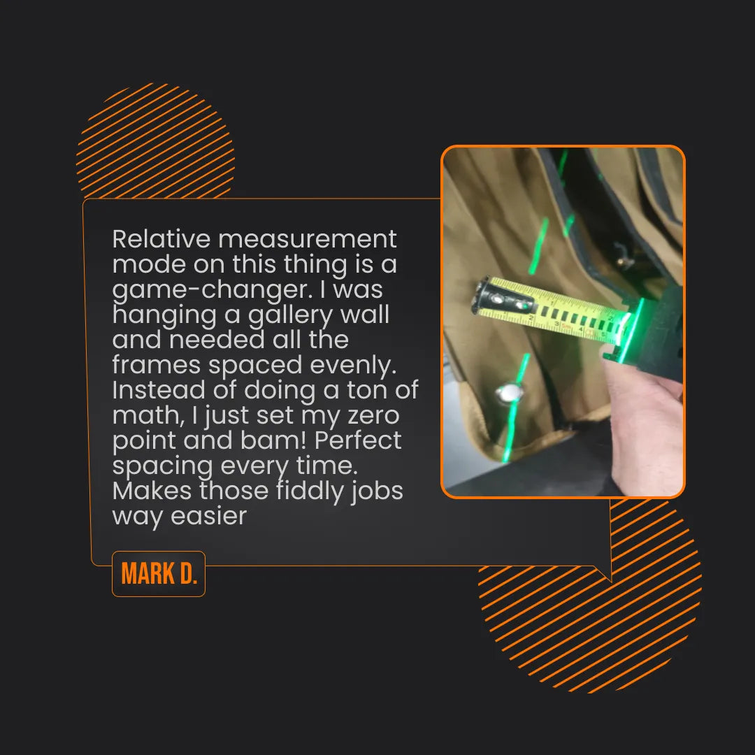 Hand holding digital tape measure with green laser, customer review for measurement tool