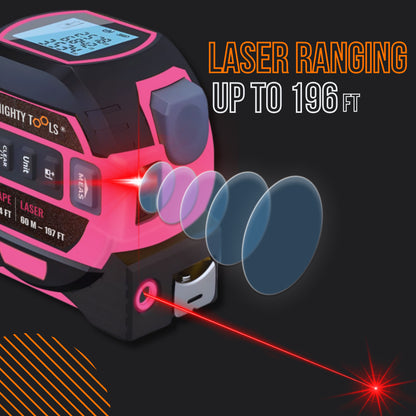Pink digital laser tape measure showing laser beam and display, measures up to 196 ft