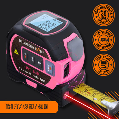 Pink digital laser tape measure with LCD screen, DIY tool, 131 ft range, and shipping badges