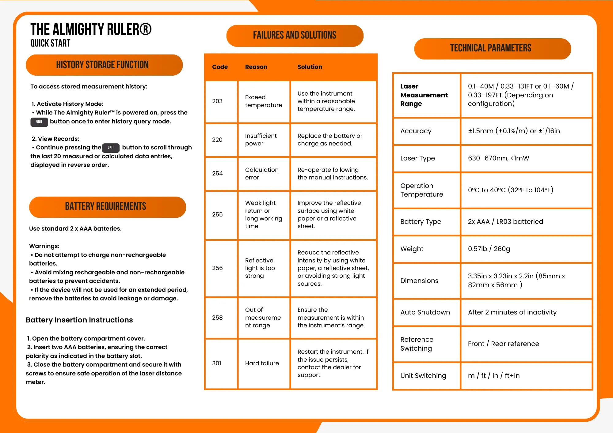User manual or specification sheet for a laser distance measuring device with sections on history storage function, failures and solutions, and technical parameters.